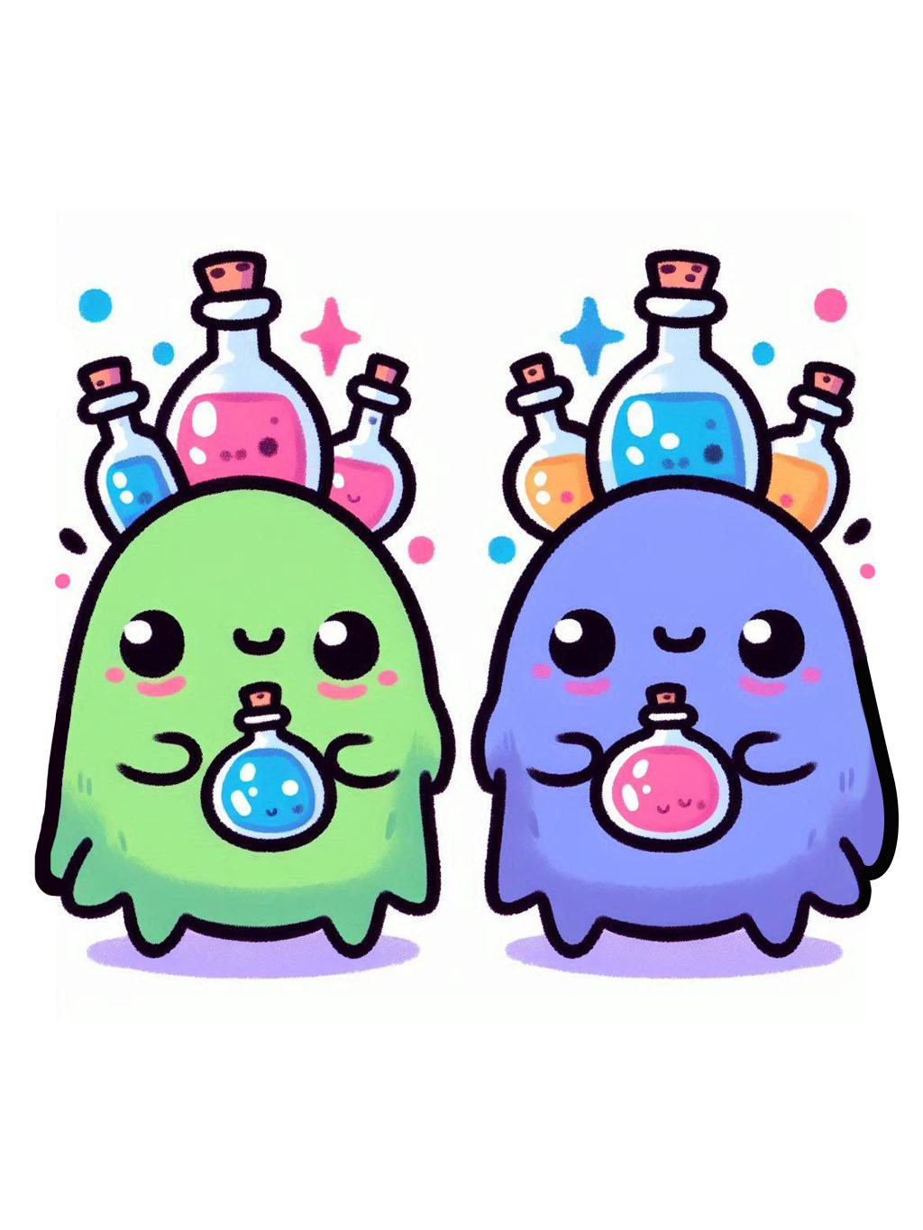 cute halloween drawings for kids 2, featuring two cute potion creatures holding magic vials, surrounded by colorful stars and dots.